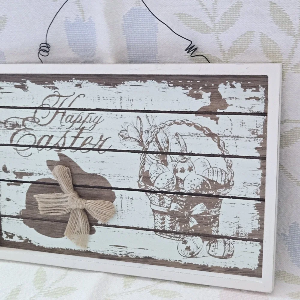 Wooden Easter Themed Sign Wall Decor Wire Hanging Art 11 3/4